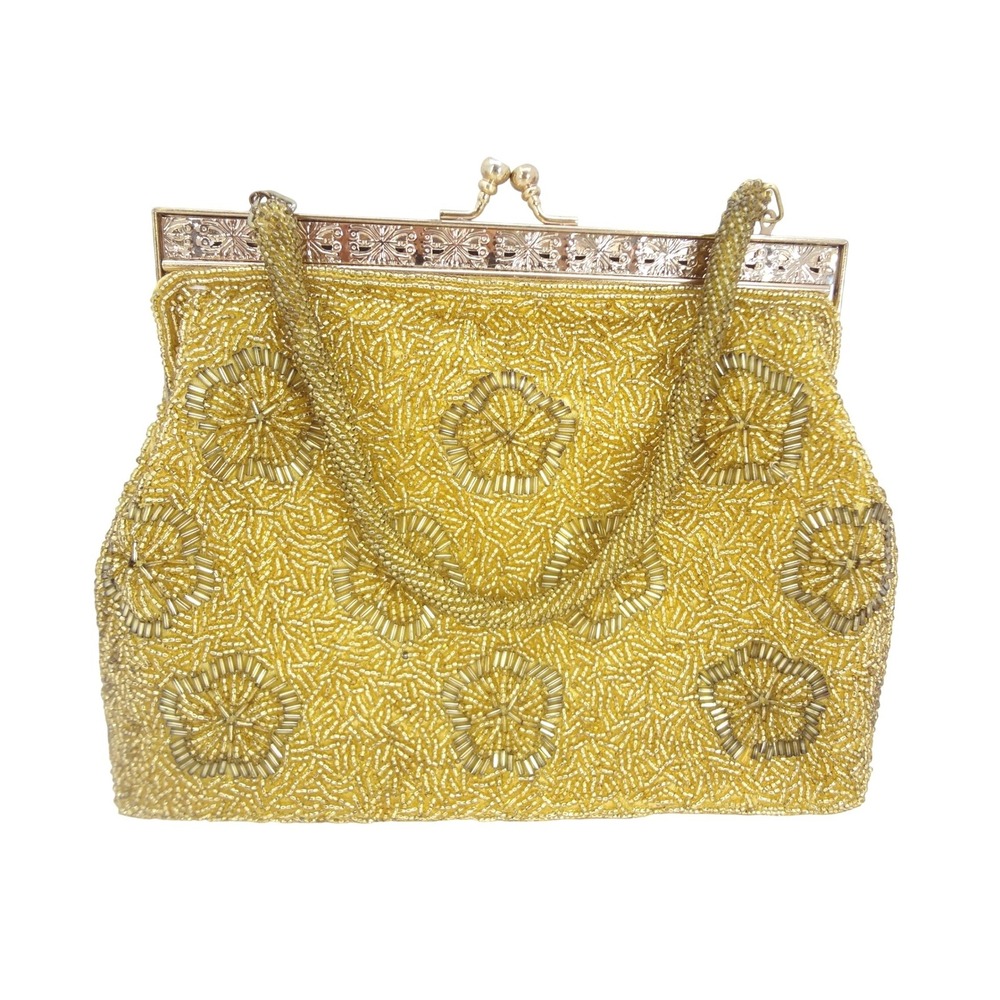 Evening Clutch Hand Bag Gold Yellow Beaded Kiss Lock Closure Filigree Frame